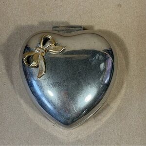 Silver Plated Heart Shaped Golden Bow Jewelry Trinket Box With Red Velvet Lining